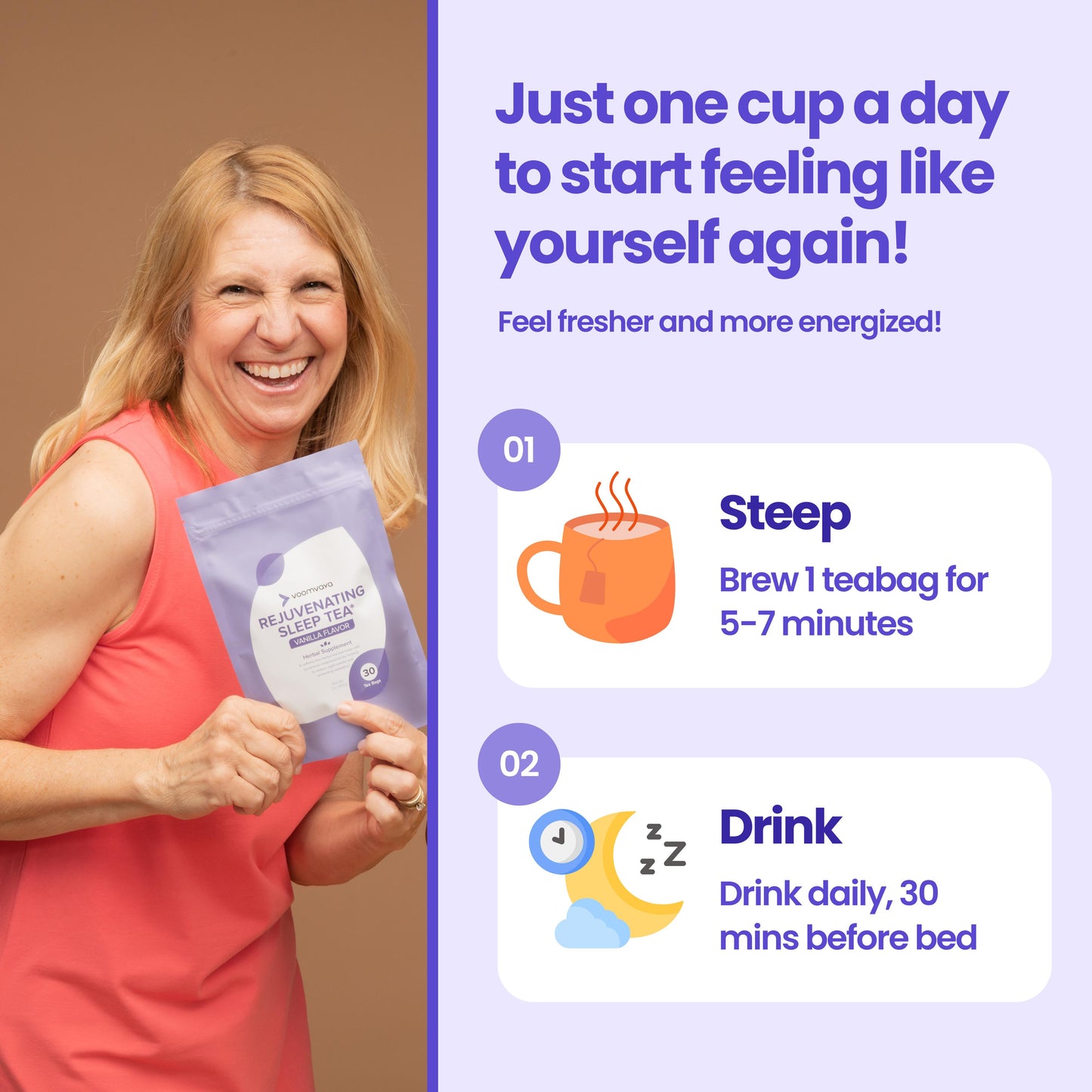 VoomVaya Rejuvenating Sleep Tea - Valerian Root Tea - Herbal Sleep Supplement for Menopause with Valerian Root, Lavender & Chamomile - Alleviates Hot Flashes, Night Sweats - 30 Teabags