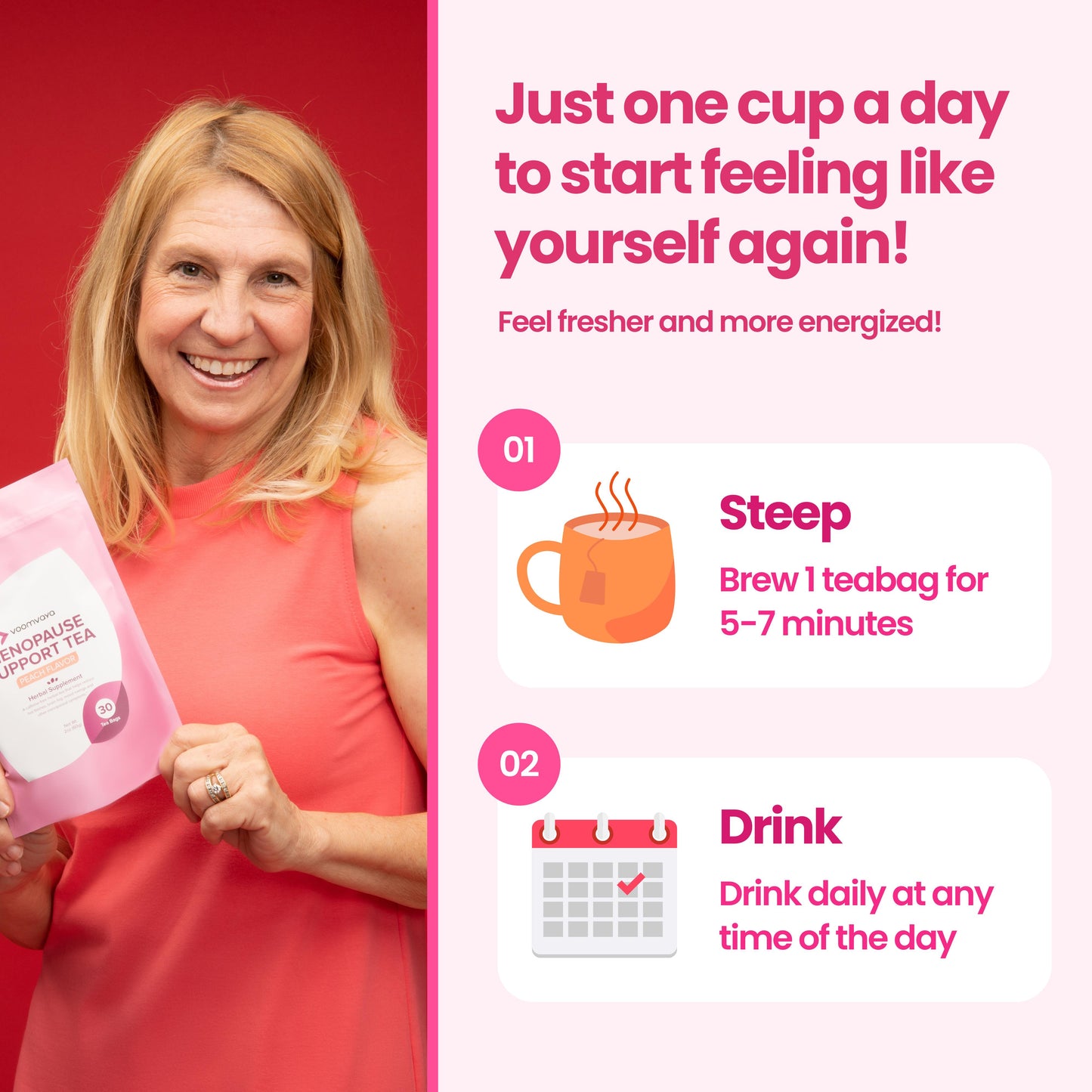 VoomVaya Menopause Support Tea - Natural Menopause Relief for Women with Red Clover & Black Cohosh - Alleviates Hot Flashes, Night Sweats, Mood Swings - Peach Flavor - 30 Teabags