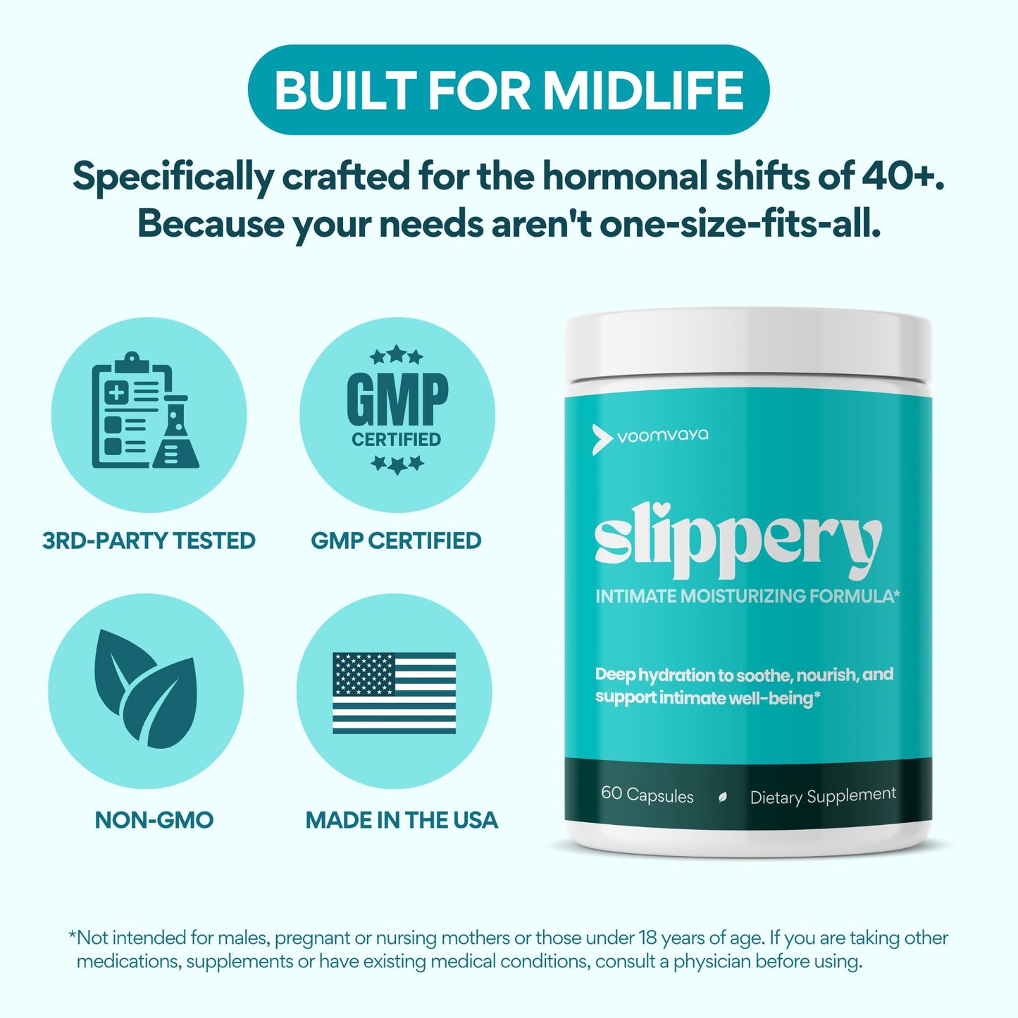 VoomVaya Slippery – Feminine Dryness Relief for Women Over 40 – with Slippery Elm for Women to Promote Moisture – 60 Capsules